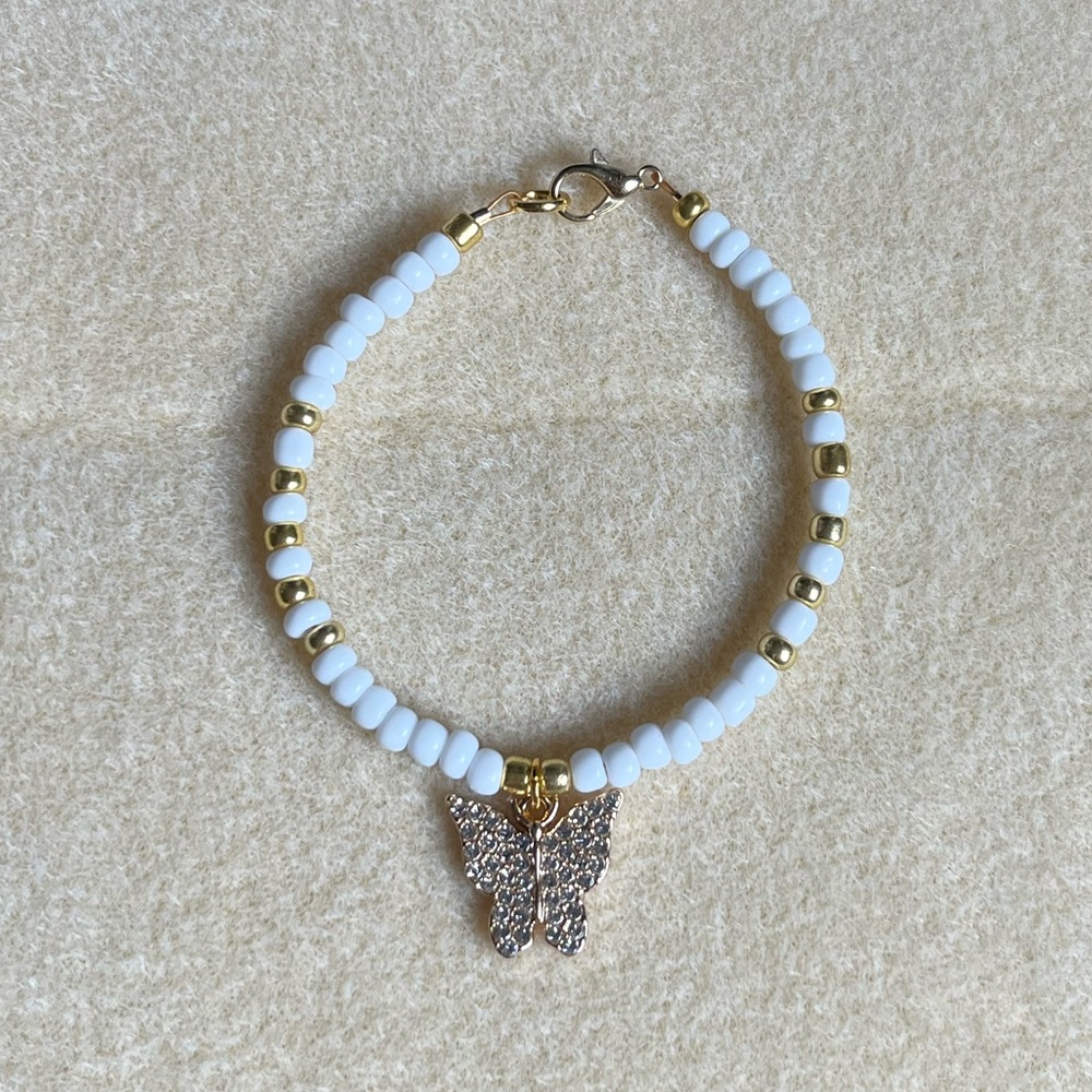 *2 for $20* White and Gold Beaded Butterfly Charm Bracelet